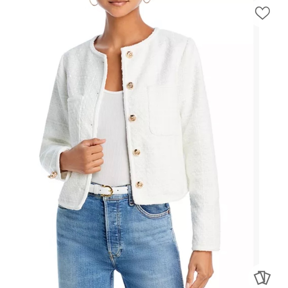 Aqua Ivory Tweed Cropped Blazer with Gold Buttons